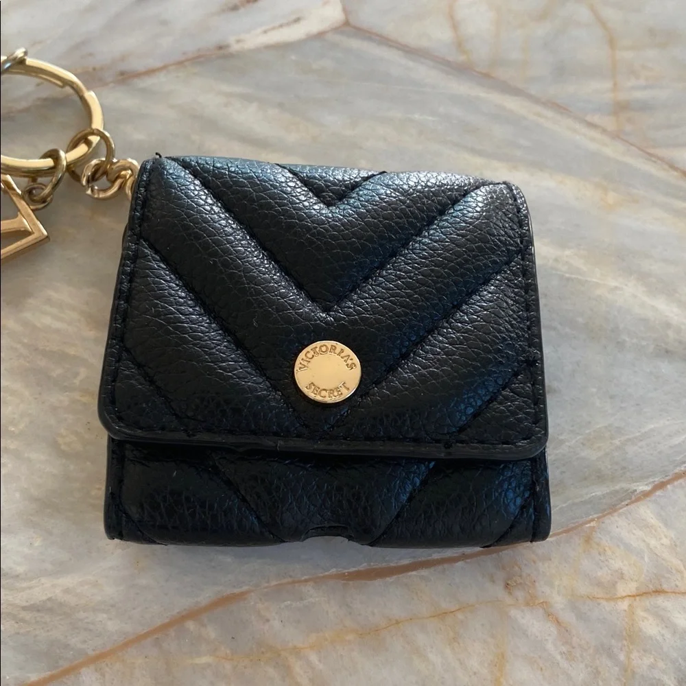 Victorias Secret Black Quilted Mini Pouch Keychain Gold V Logo Charm Case